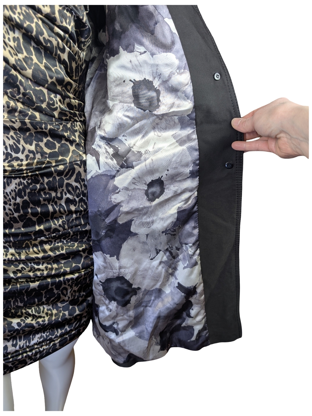 Kenneth Cole New York Black Tailored Classic Trench Coat Floral Lined | Size L - Picture 8 of 11
